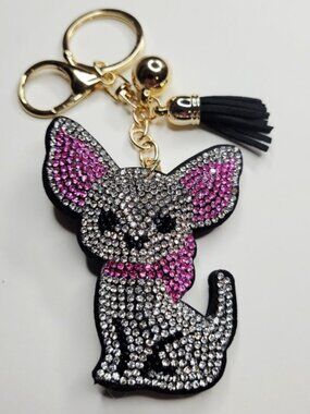 NWT Sparkling Pink And White Chihuahua Keychain Purse Charm With Tassel Ay Ay Ay